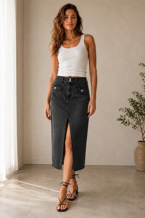 Free People Dresses & Skirts - Free People We The Free Faded Black Wash Madison Utility Pocket Denim Midi Skirt
